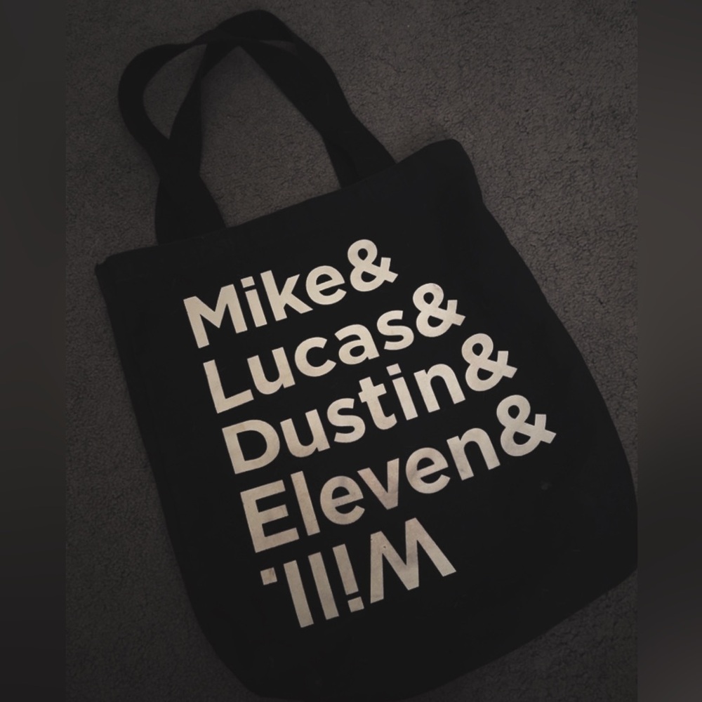 STRANGER THINGS Black Tote Bag with White Text